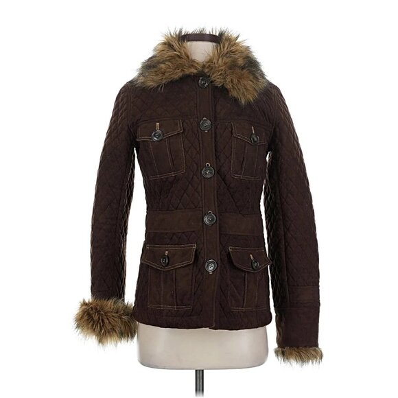 Vtg Goode Rider Quilted Brown Faux Fur Trim Jacket | Old Money Academia Grunge S - Picture 2 of 14